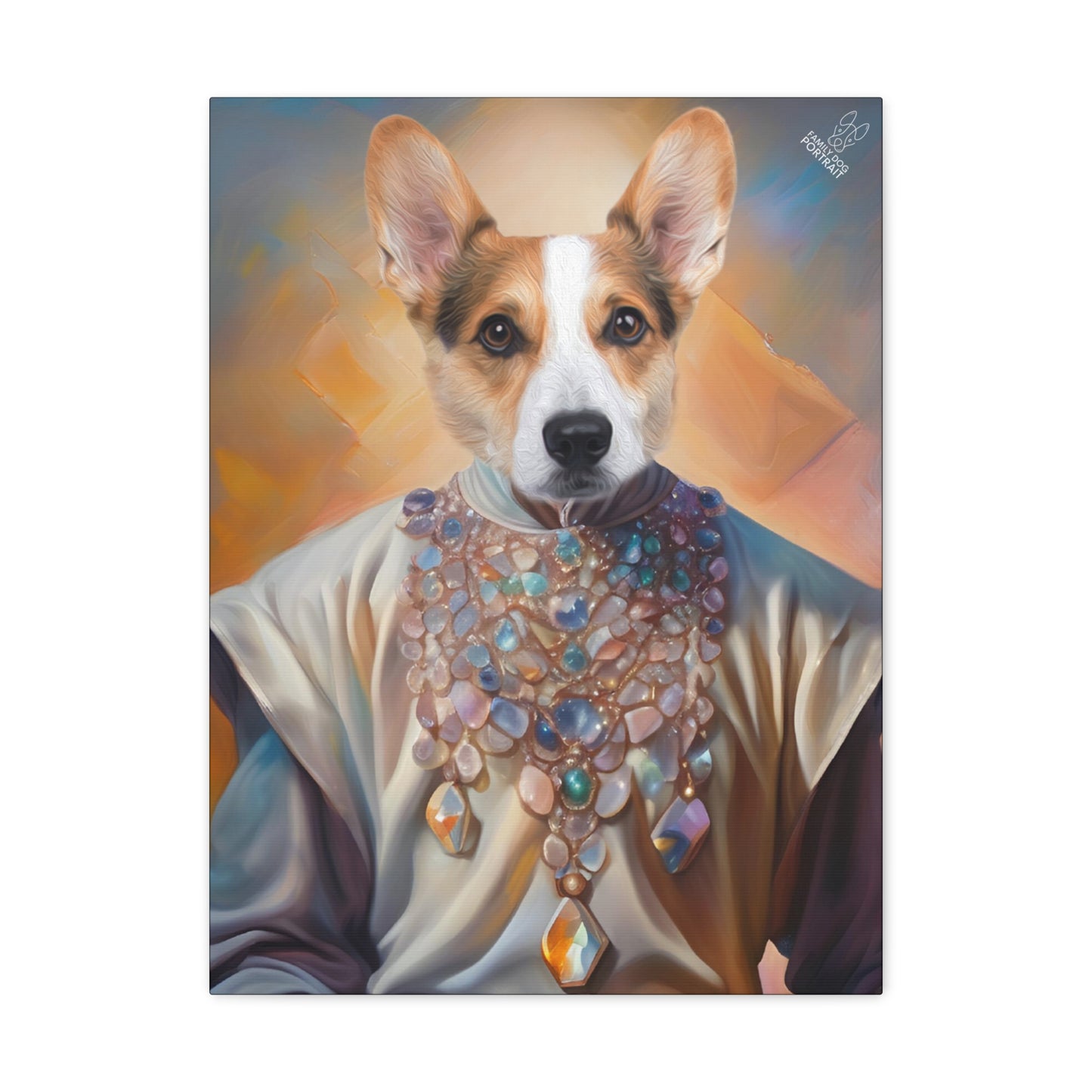 Dog wearing a colorful necklace with a soft, blurred background
