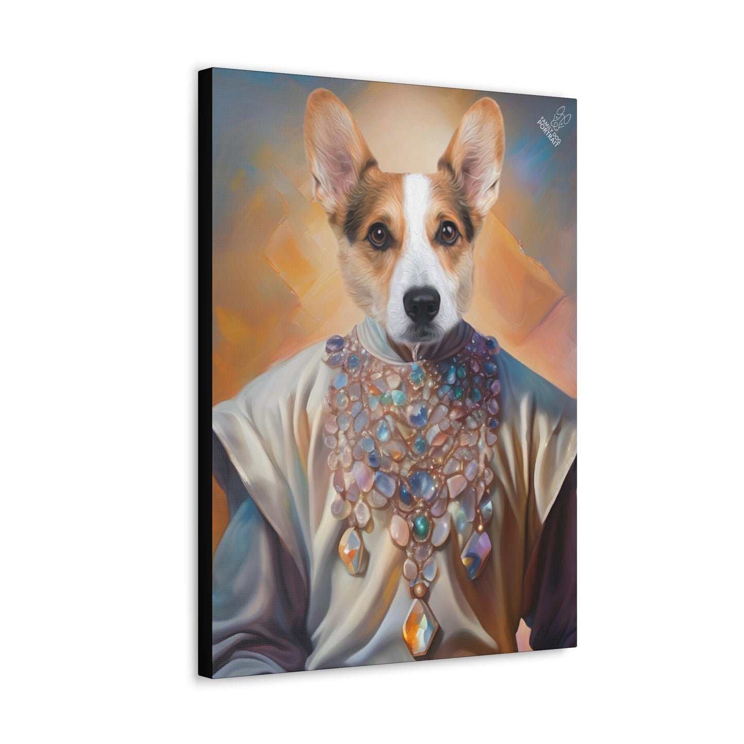 Canvas print of a dog wearing a jeweled collar with a colorful background