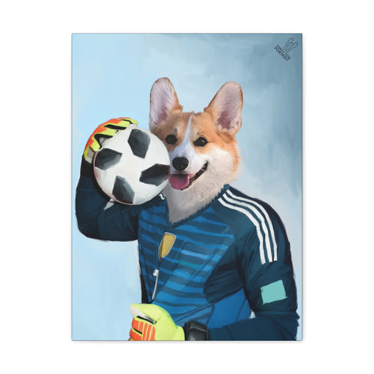 Dog in a blue sports jersey holding a soccer ball against a light blue background