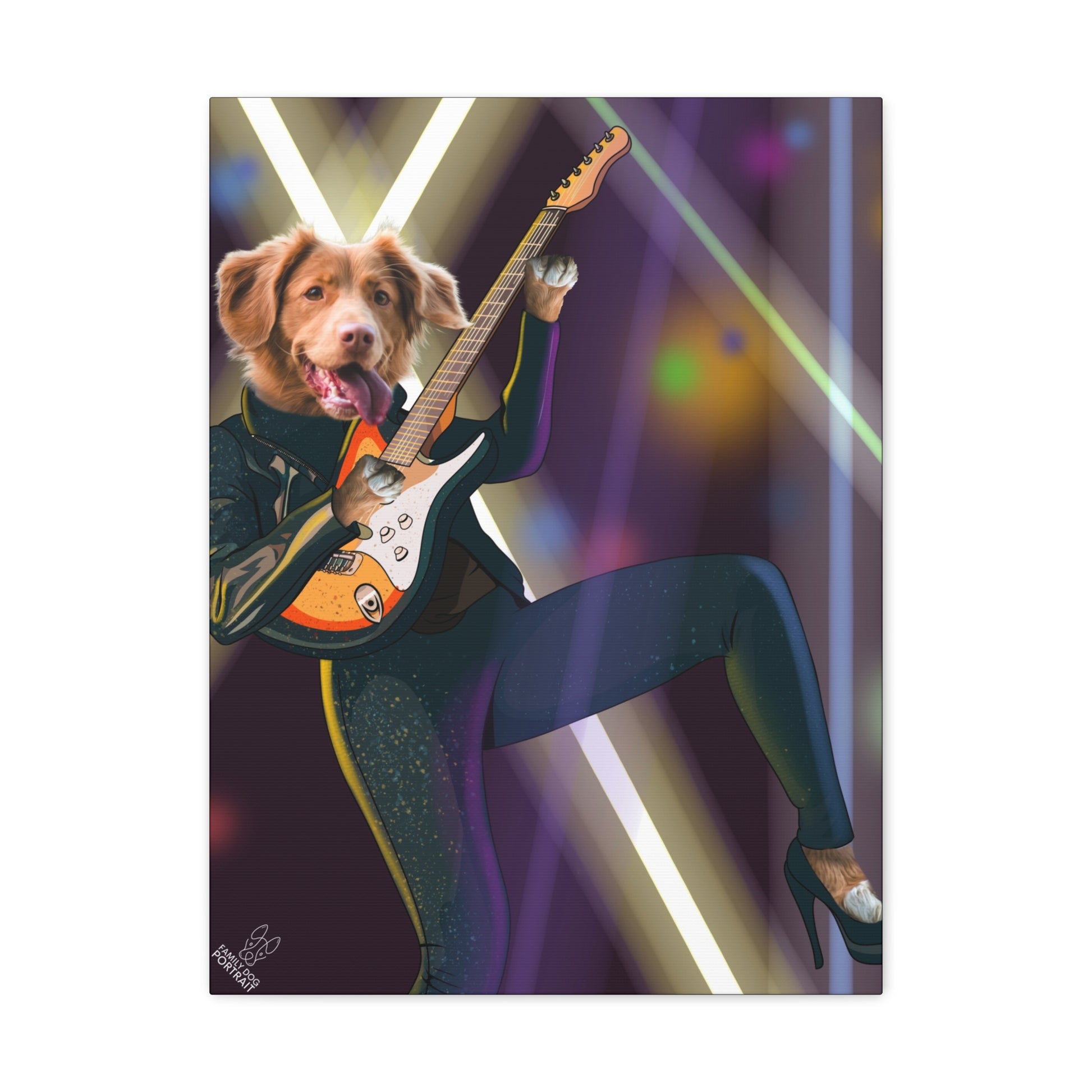 Dog playing a guitar on a stage with colorful lights