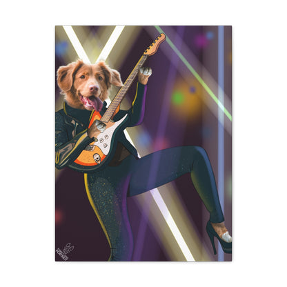Dog playing a guitar on a stage with colorful lights