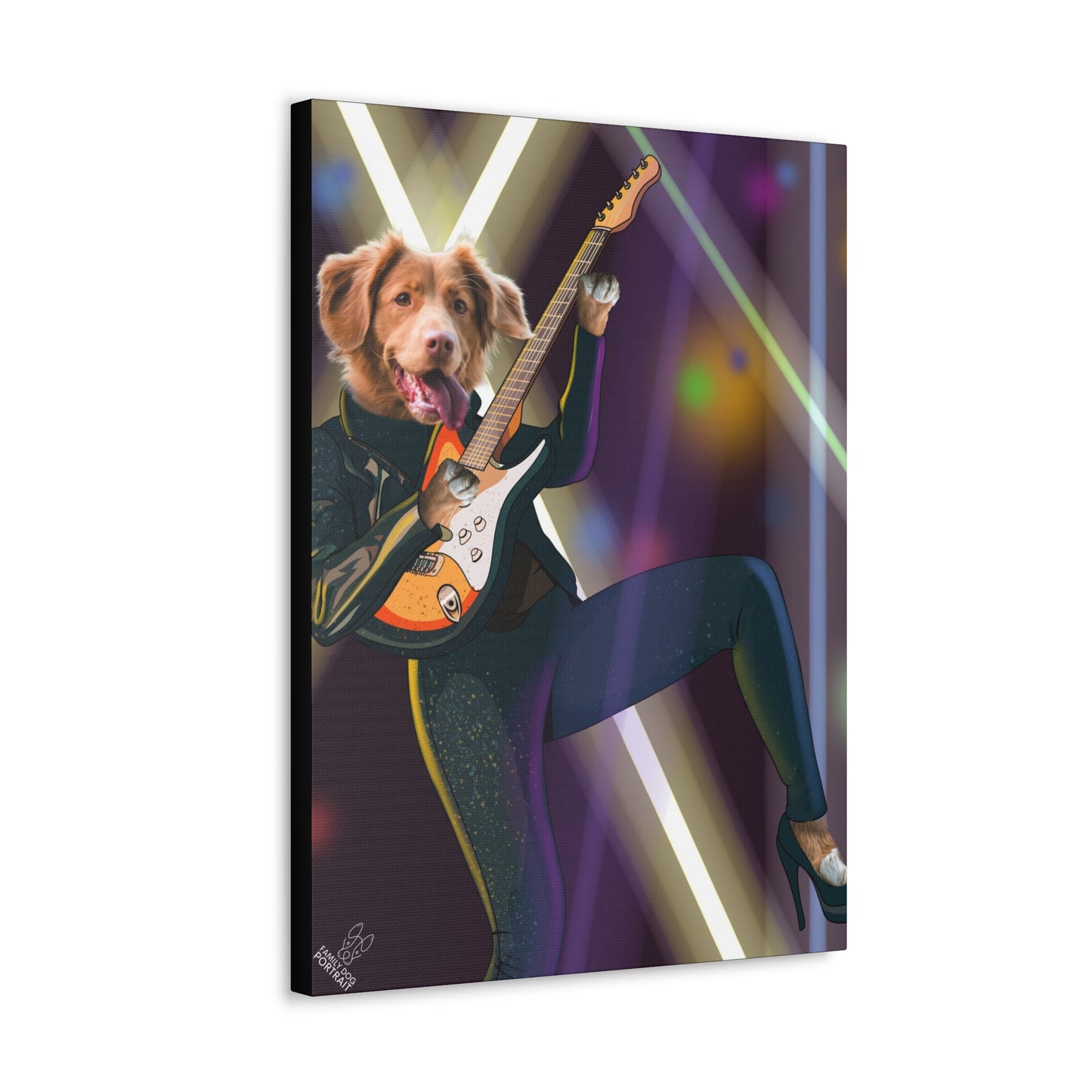 Canvas print of a dog playing a guitar with a colorful background
