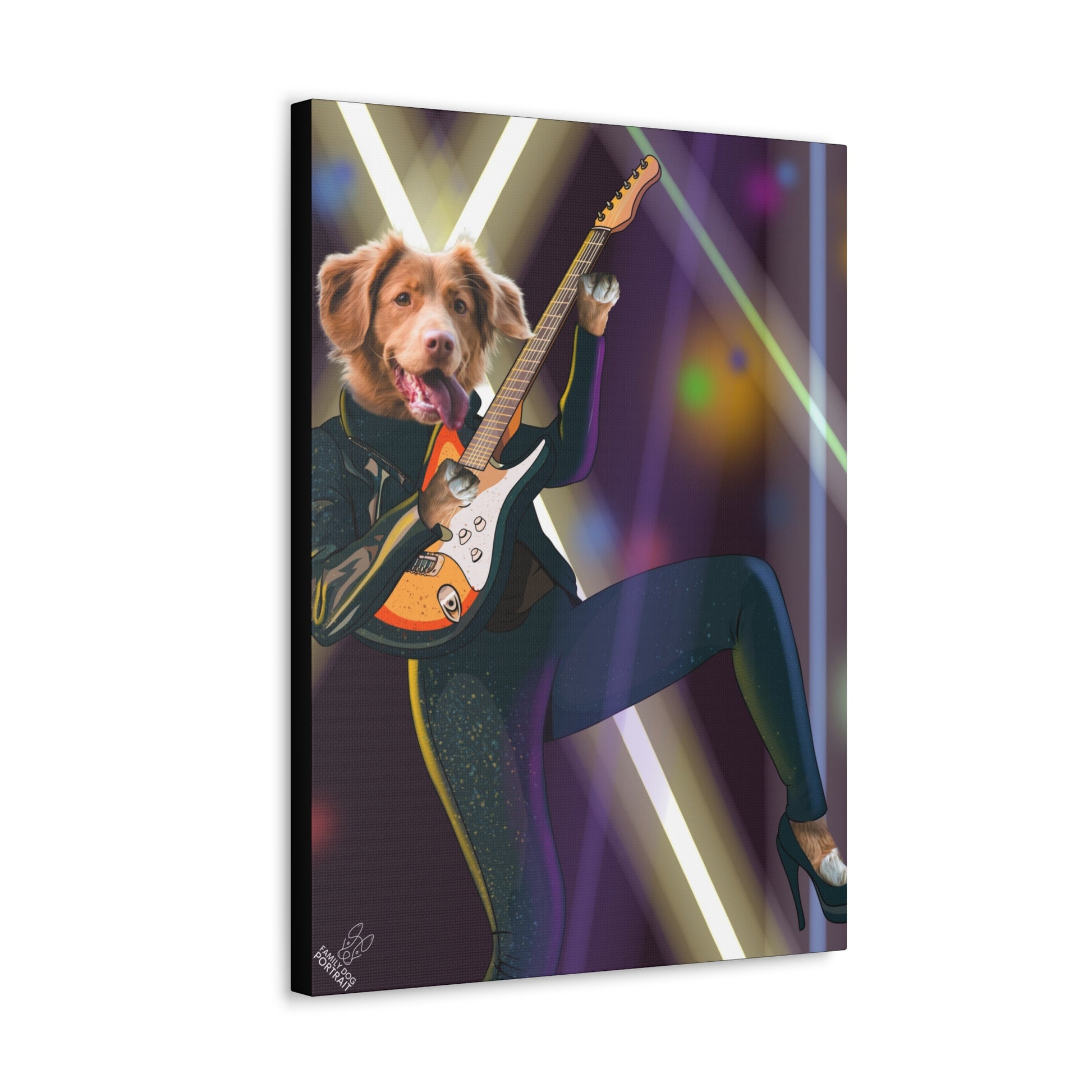 Canvas print of a dog playing a guitar with a colorful background
