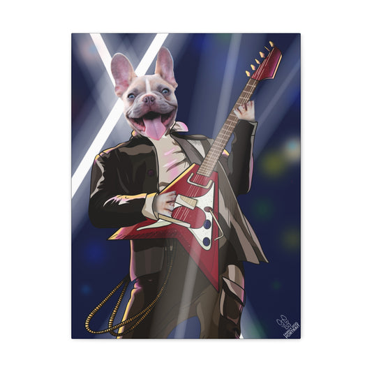 Illustration of a dog in a suit playing a guitar with a blue and purple background