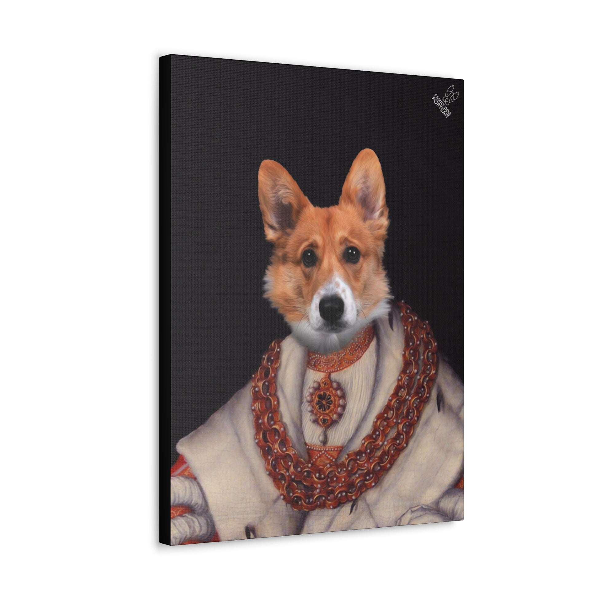 Canvas print of a dog wearing regal attire with a dark background