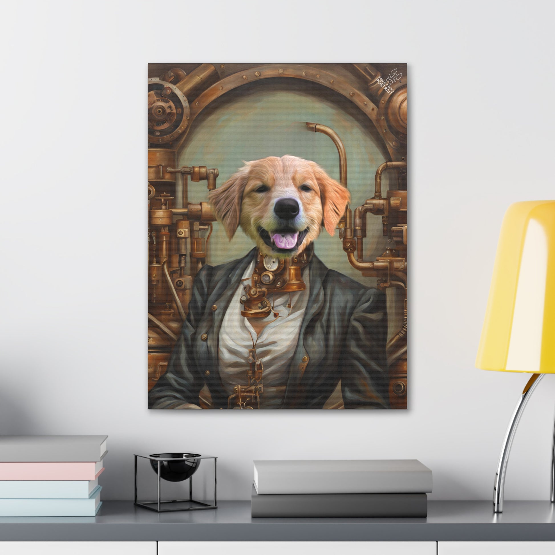 Canvas print of a dog with steampunk elements on a wall above a desk.