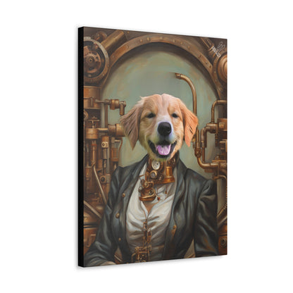 Canvas print of a dog in steampunk attire with mechanical elements on a white background