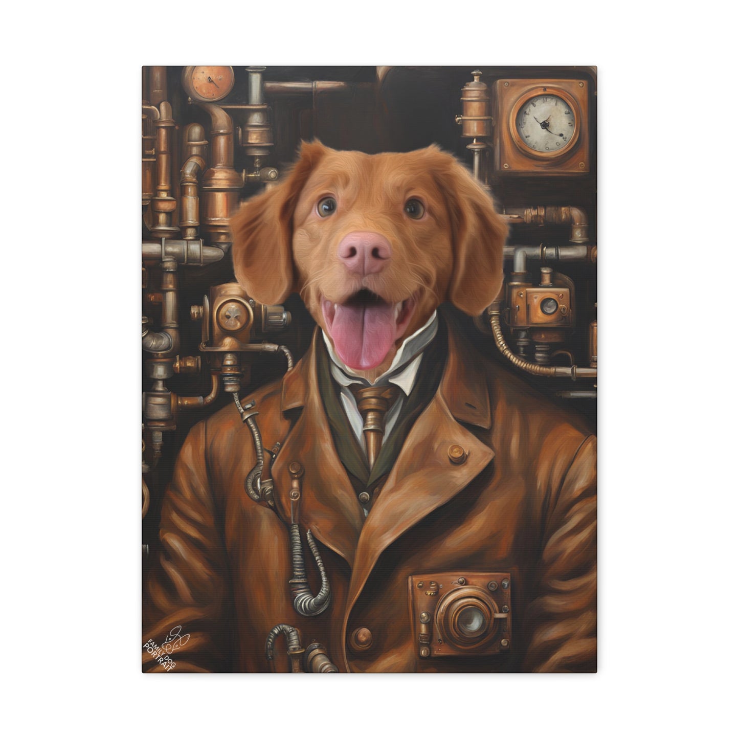 Dog in a steampunk-themed outfit with pipes and clocks in the background