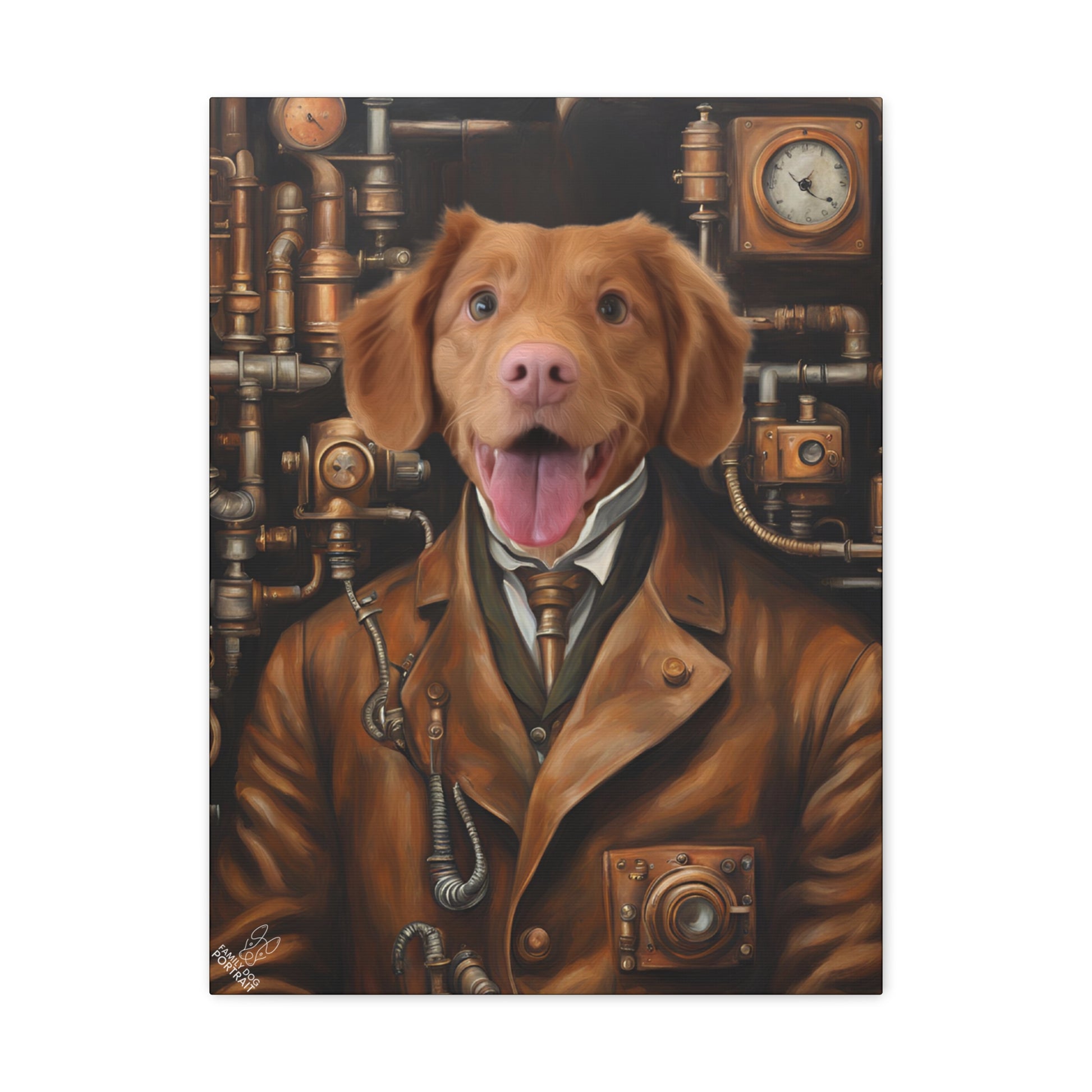 Dog in a steampunk-themed outfit with pipes and clocks in the background