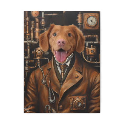 Dog in a steampunk-themed outfit with pipes and clocks in the background