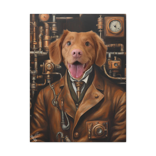 Dog in a steampunk-themed outfit with pipes and clocks in the background