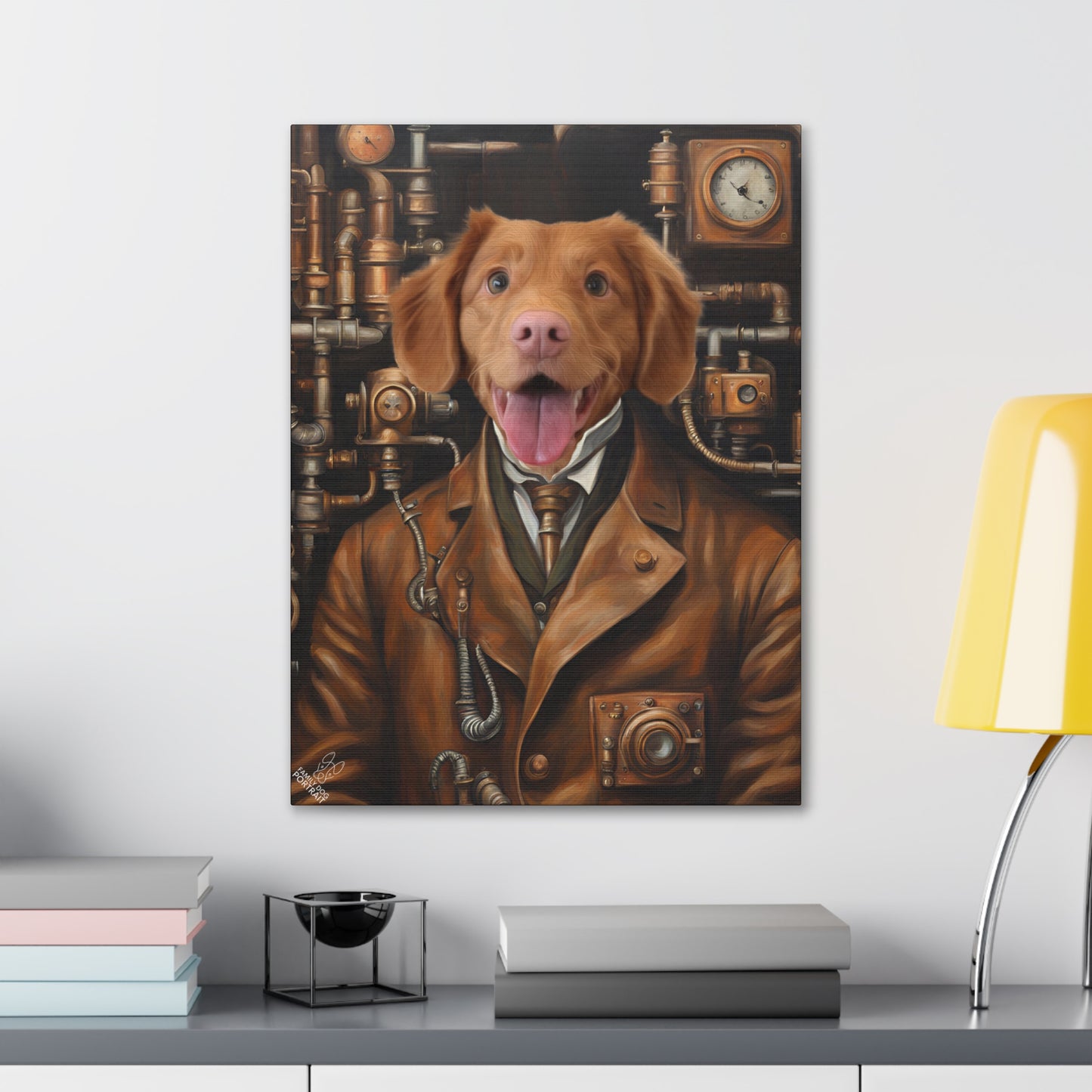 Canvas print of a dog in a steampunk-themed outfit on a wall above a desk.