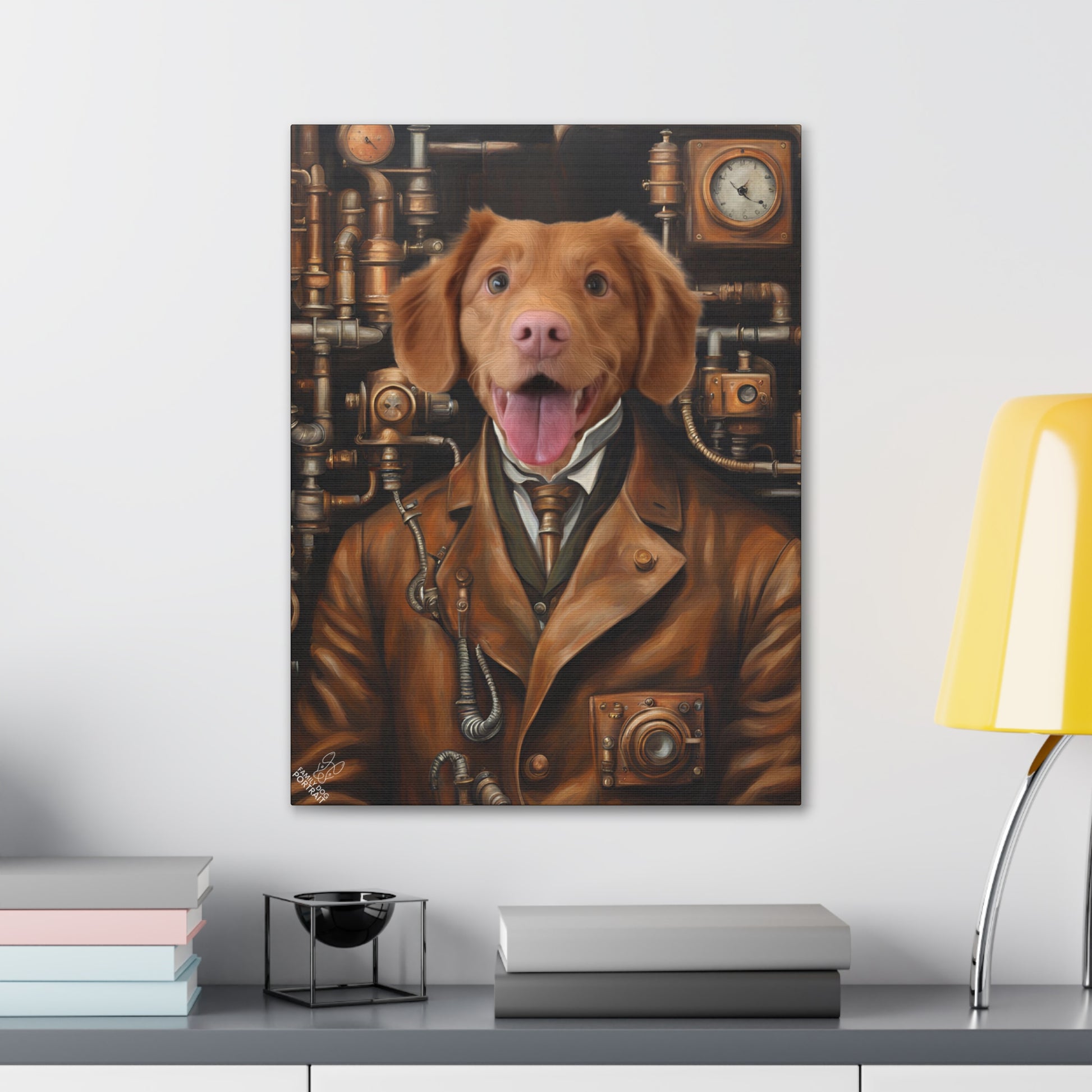 Canvas print of a dog in a steampunk-themed outfit on a wall above a desk.