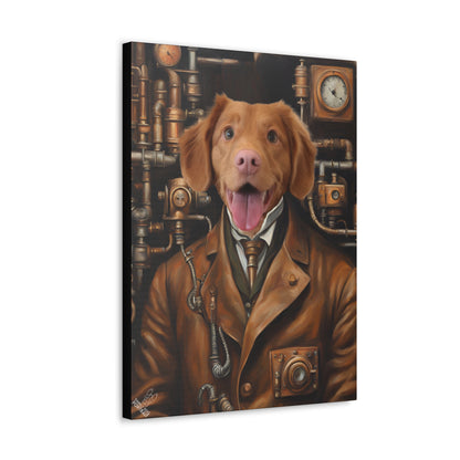 Canvas print of a dog in a steampunk-themed outfit with pipes and clocks in the background.