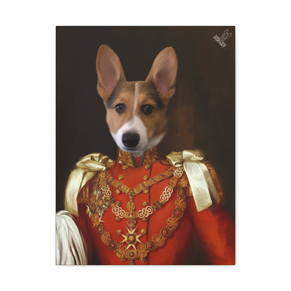 Dog in a regal costume with gold accents on a dark background