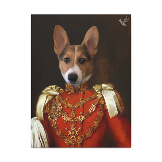 Dog in a regal costume with gold accents on a dark background