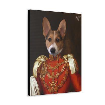 Canvas print of a dog in regal attire with a dark background