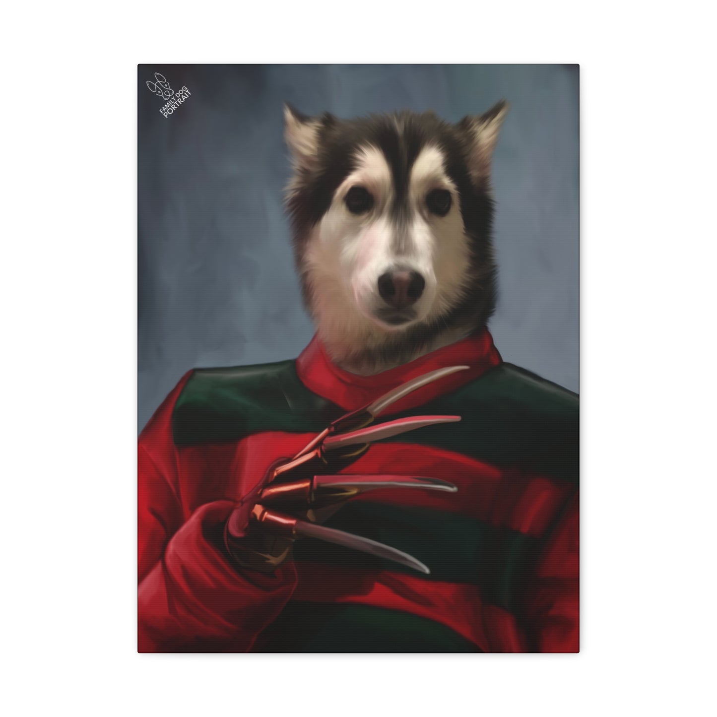 Dog in a red and green outfit with clawed gloves on a dark background