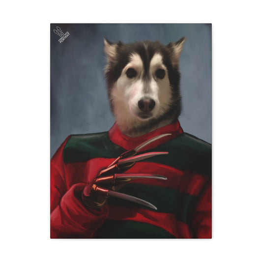 Dog in a red and green outfit with clawed gloves on a dark background