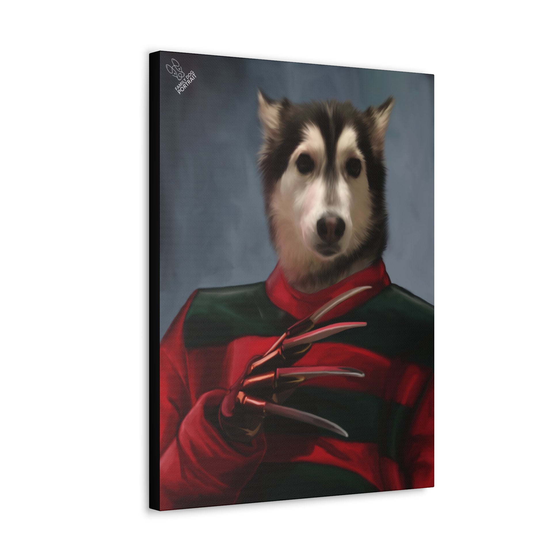 Canvas print of a dog in a red and black outfit with a dark background