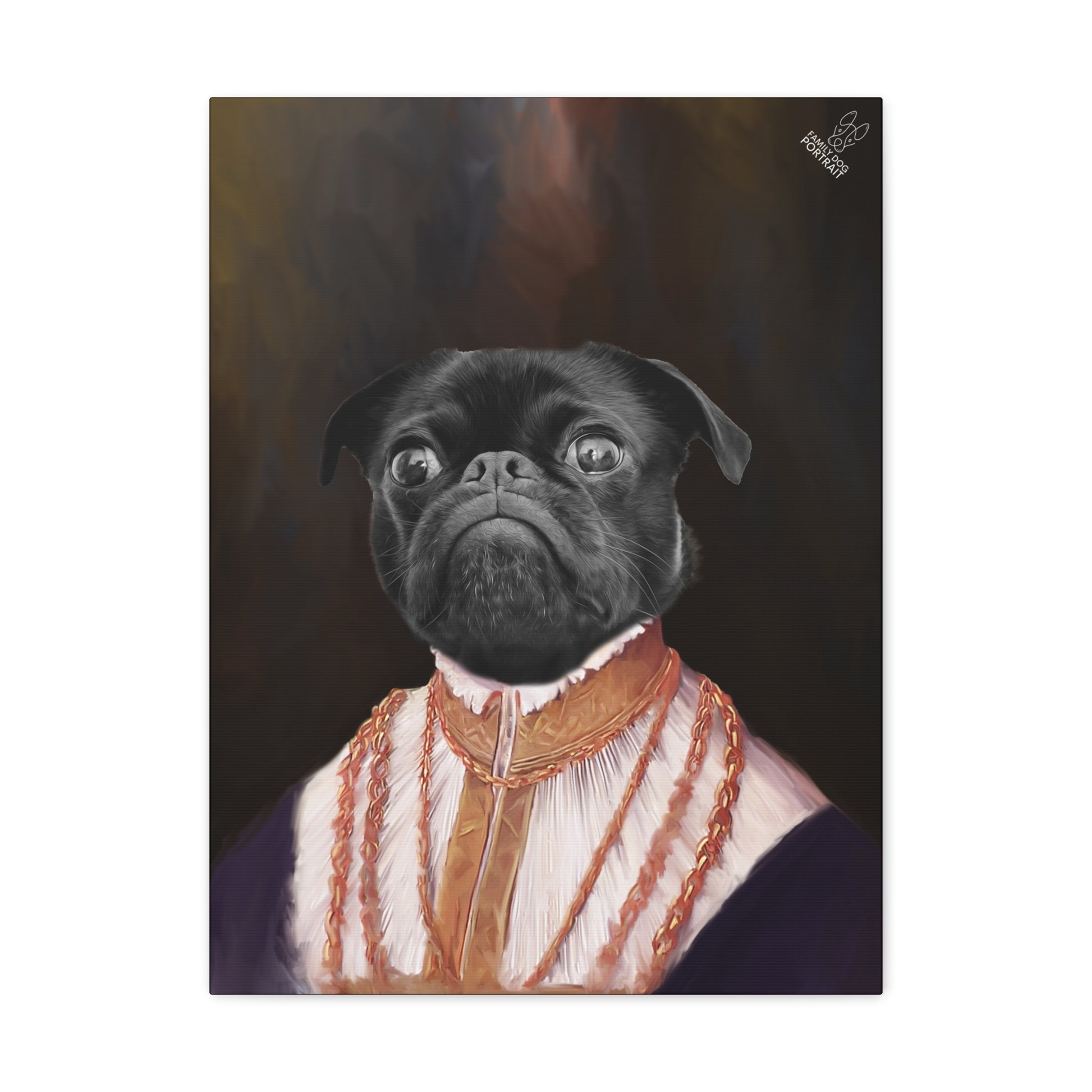 Painting of a pug dog wearing a formal outfit with a dark background