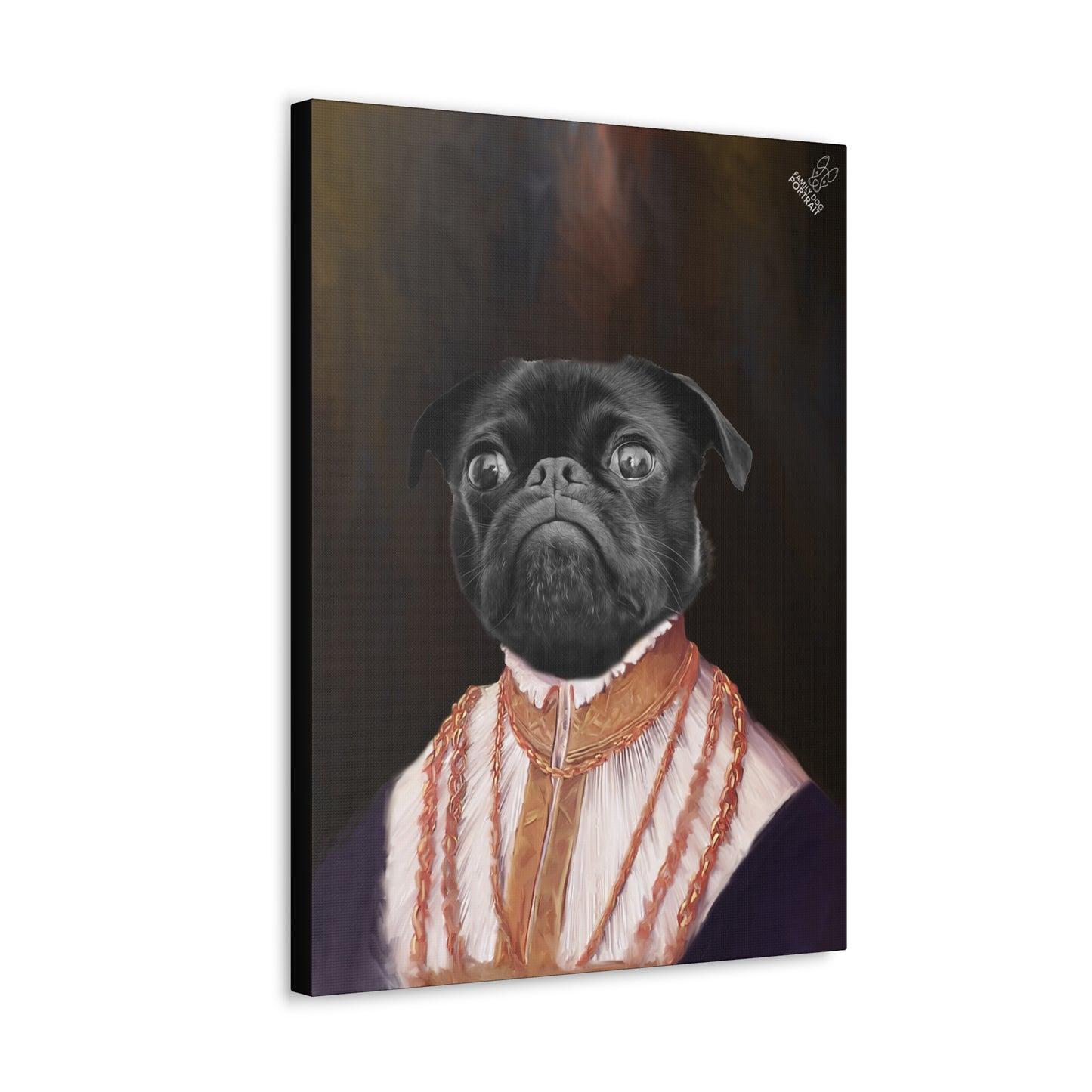 Canvas print of a black pug dog wearing a vintage outfit on a dark background