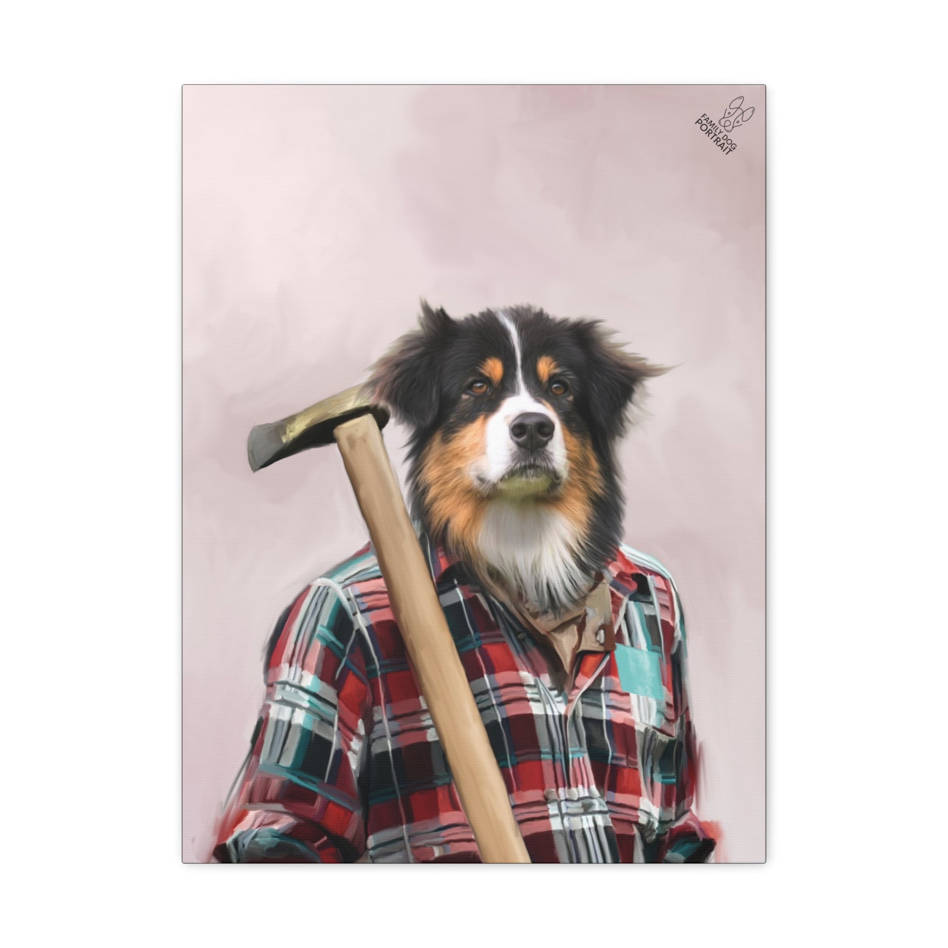 Dog wearing a plaid shirt holding an axe against a pink background