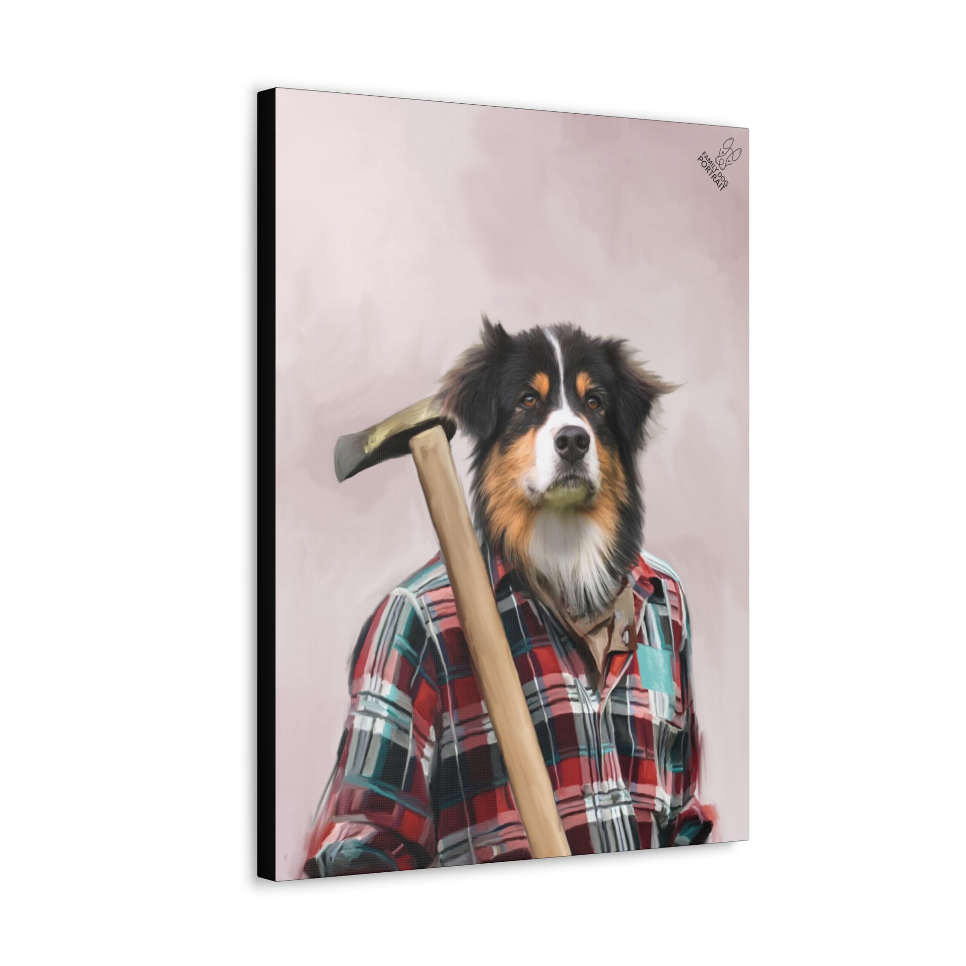 Canvas print of a dog wearing a plaid shirt holding an axe on a light pink background