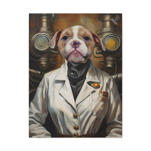 Puppy in a lab coat with steampunk background