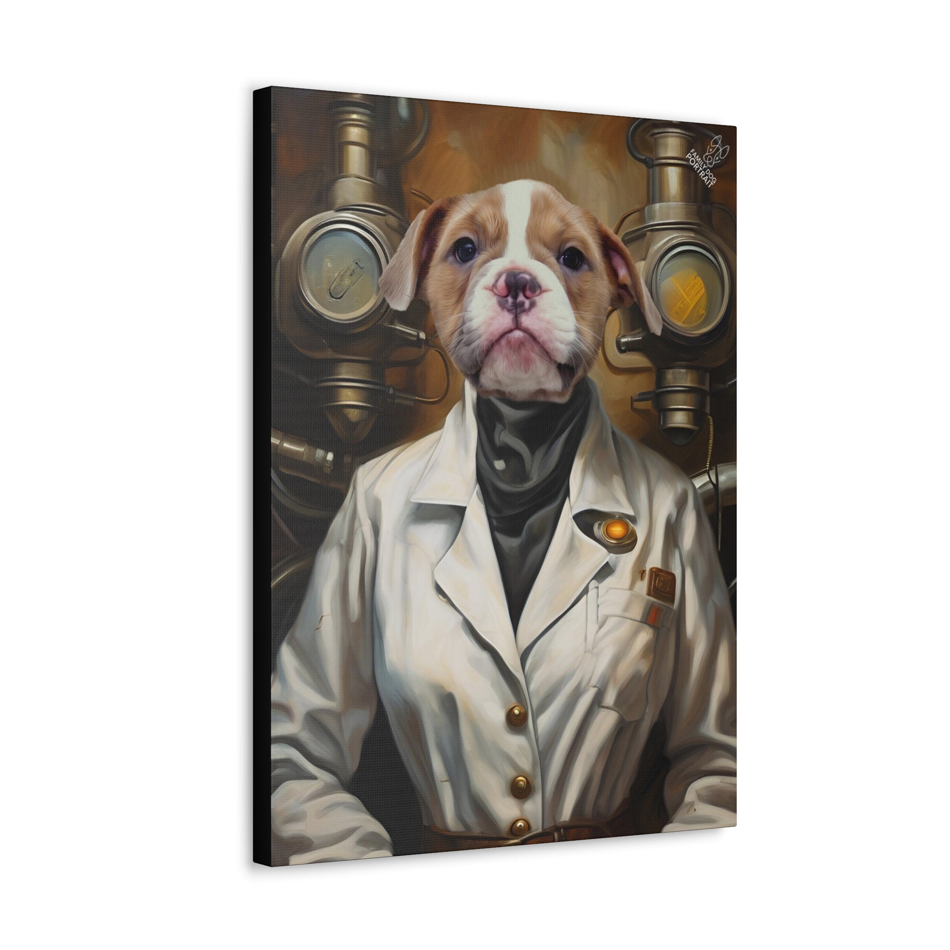 Canvas print of a dog in a scientist outfit with steampunk elements.
