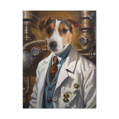 Dog in a lab coat with steampunk background