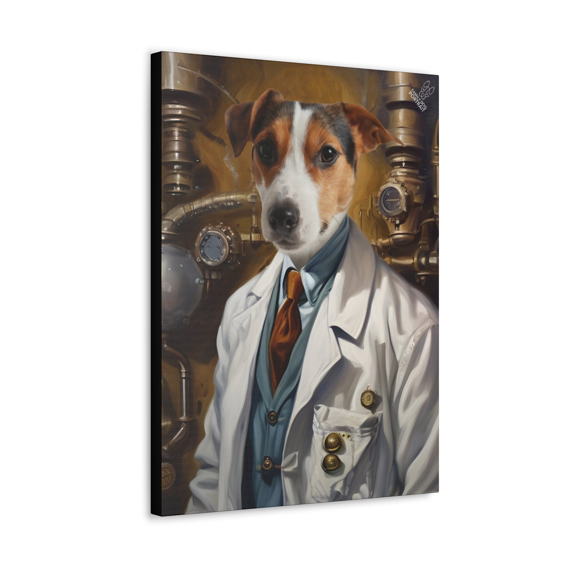 Canvas print of a dog dressed in a lab coat with a steampunk background