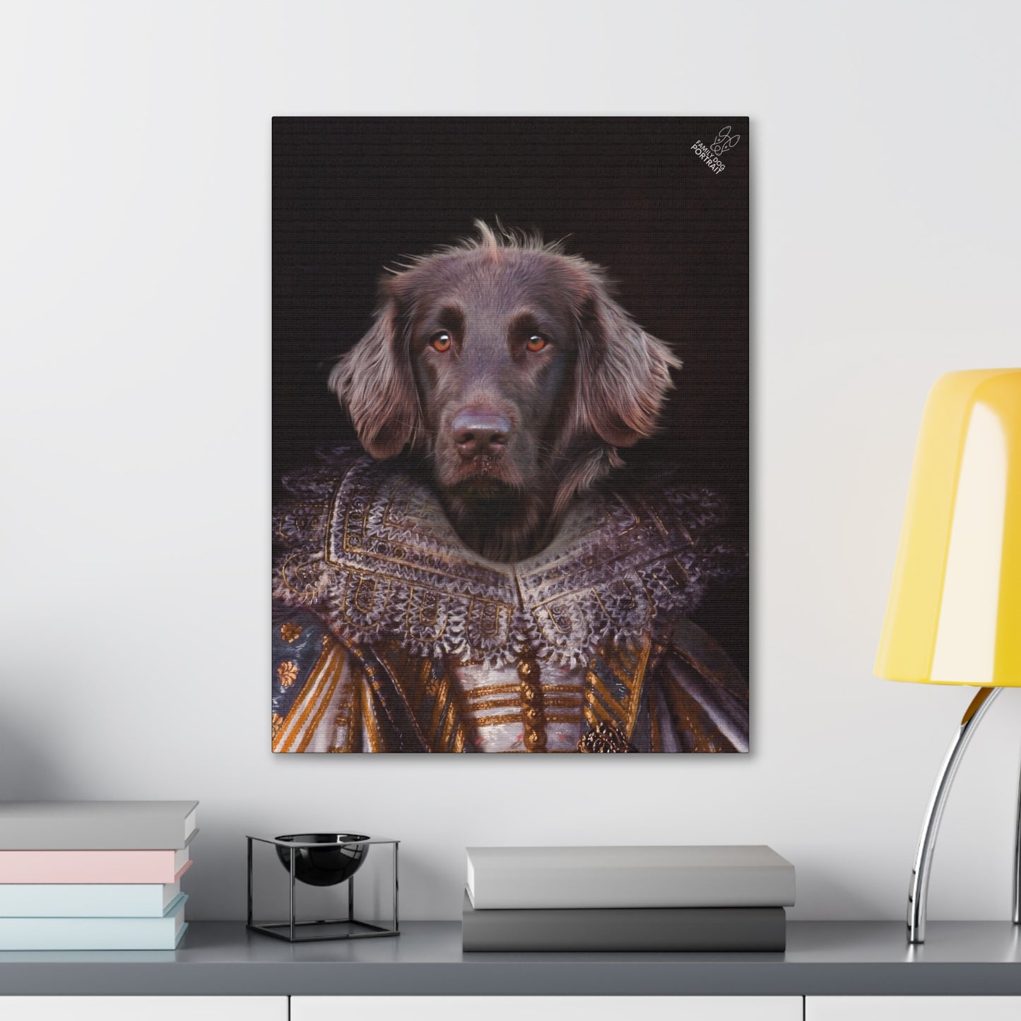 Dog portrait in Matriarch Costume with elegant dress on in from of desk.