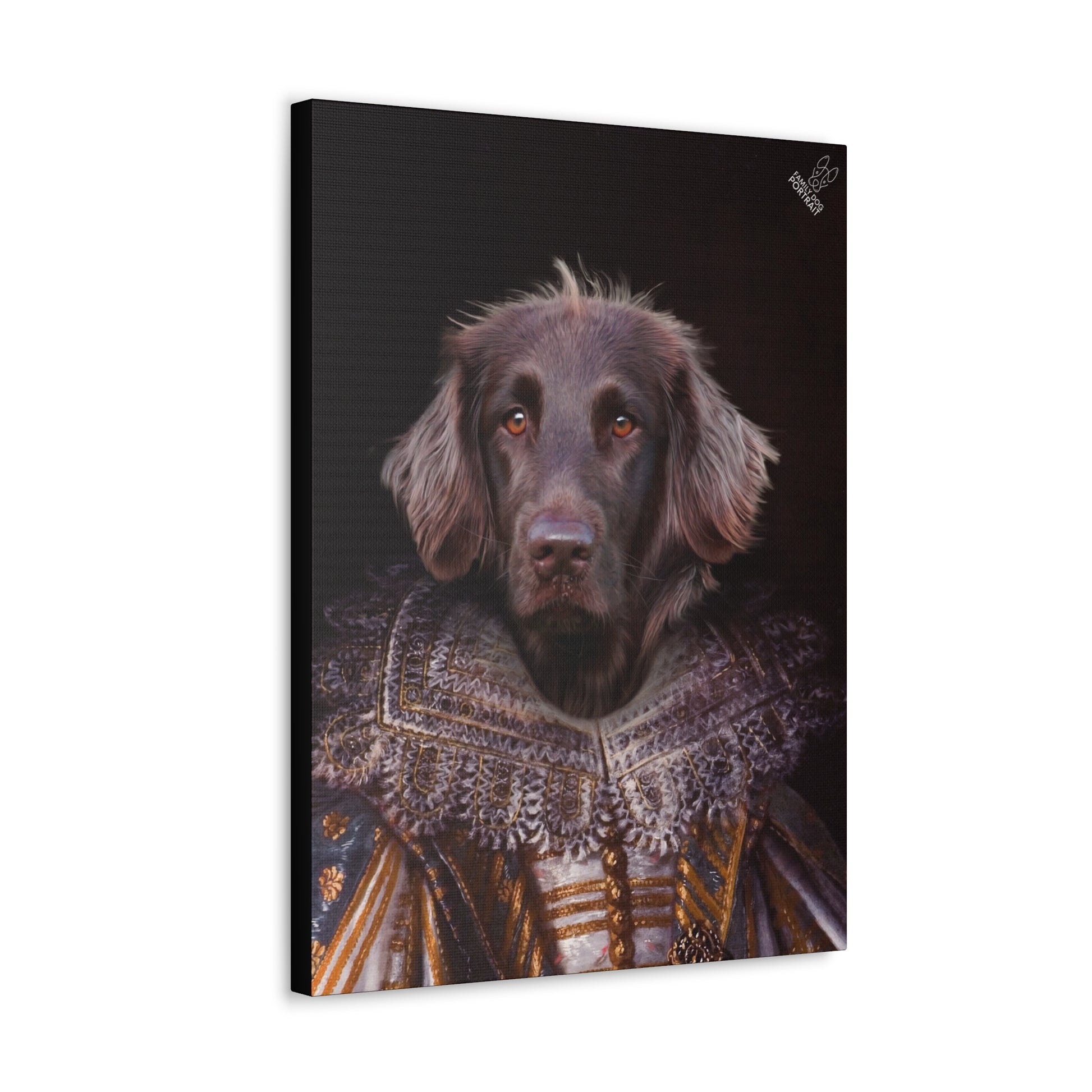 Dog portrait in Matriarch Costume with elegant dress on.