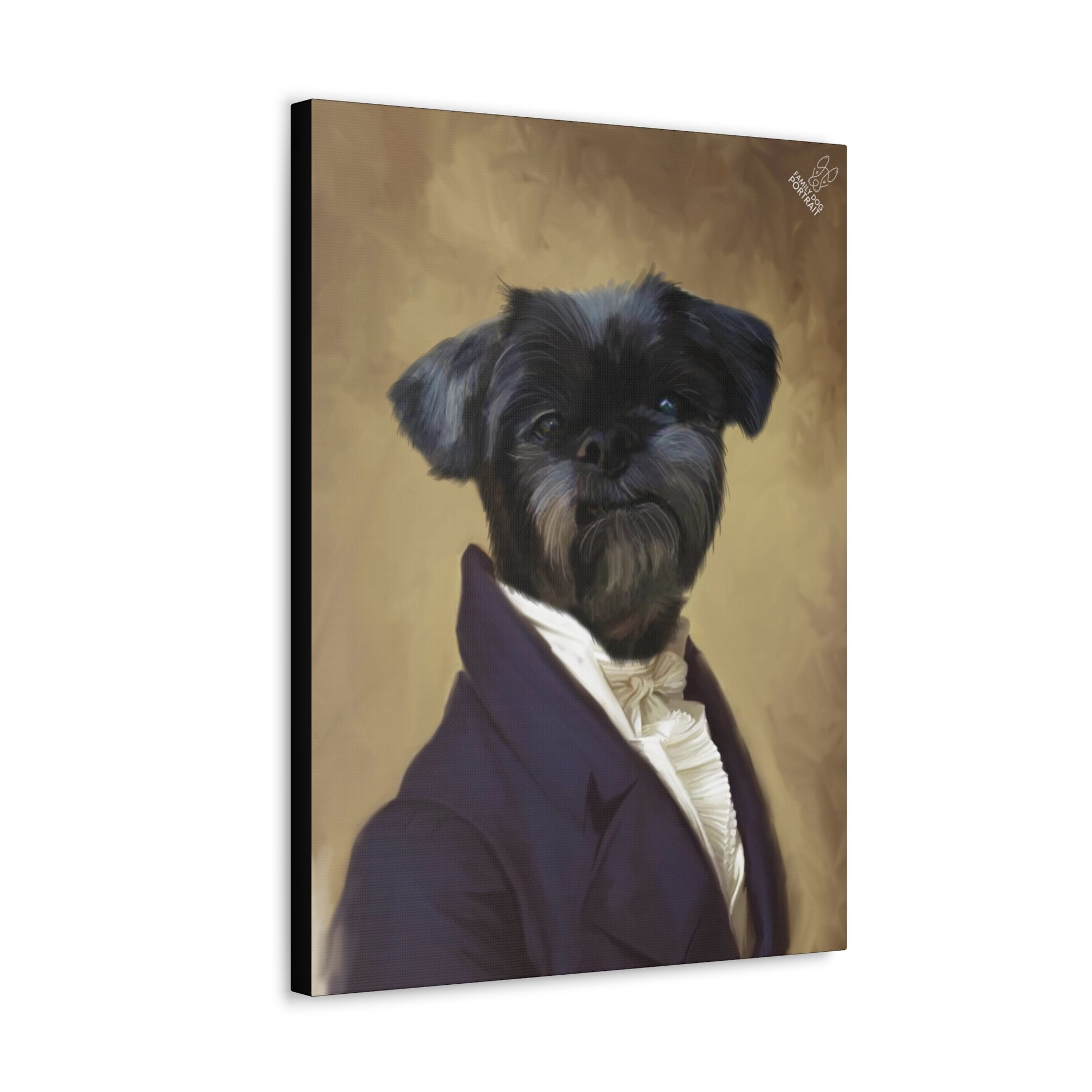 Canvas print of a dog dressed in formal attire against a brown background