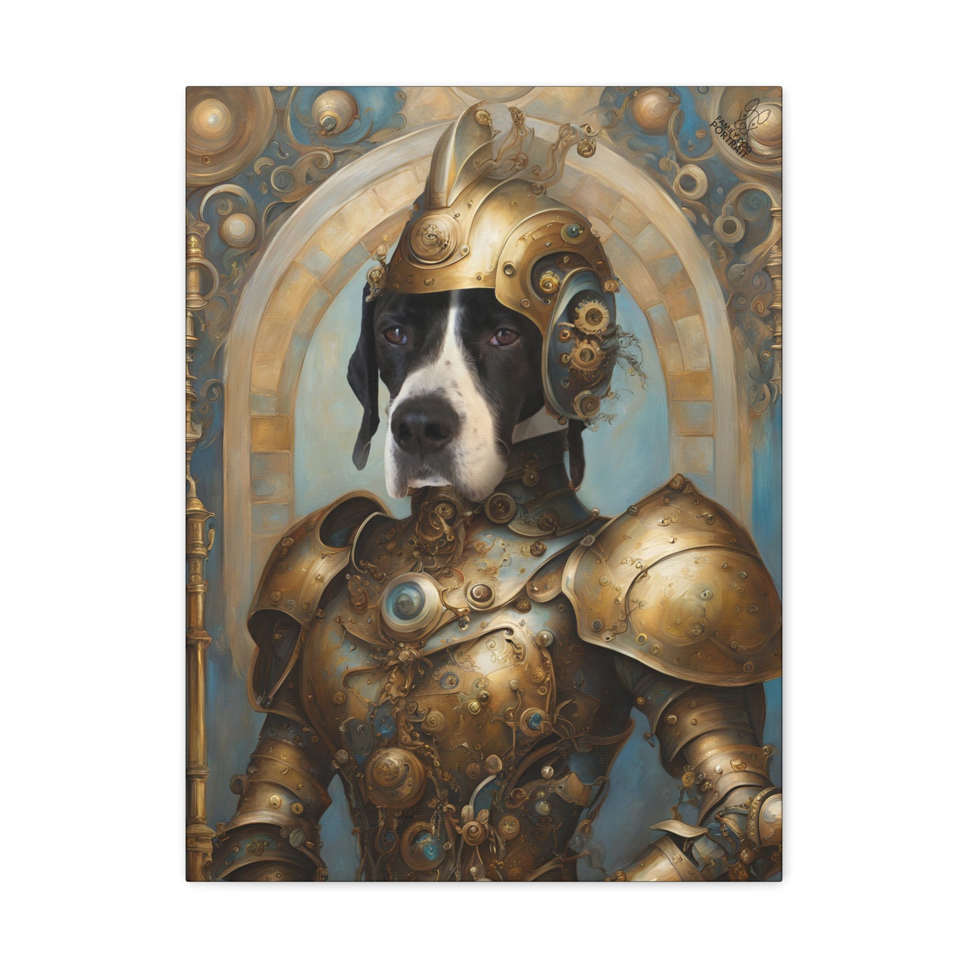 Dog in ornate armor with a decorative background
