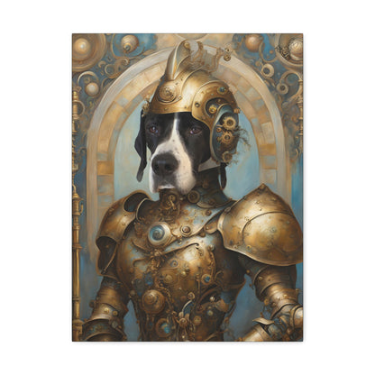 Dog in ornate armor with a decorative background