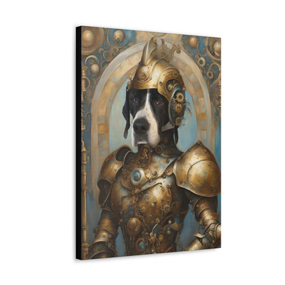 Canvas print of a dog in steampunk armor with decorative elements on a white background