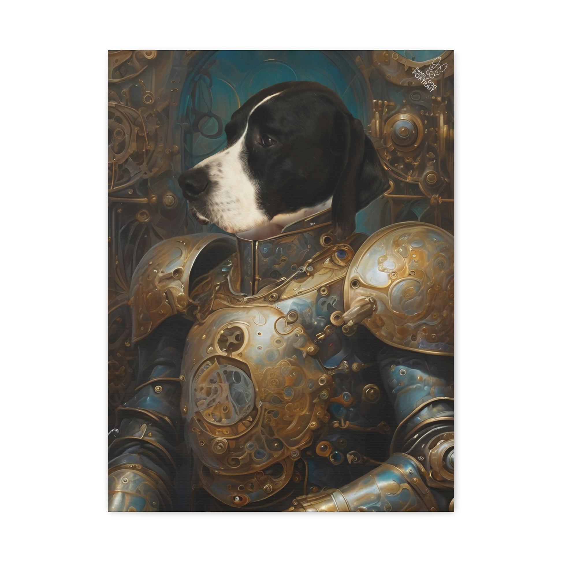 Dog in steampunk armor with intricate mechanical designs on a white background