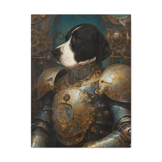 Dog in steampunk armor with intricate mechanical designs on a white background