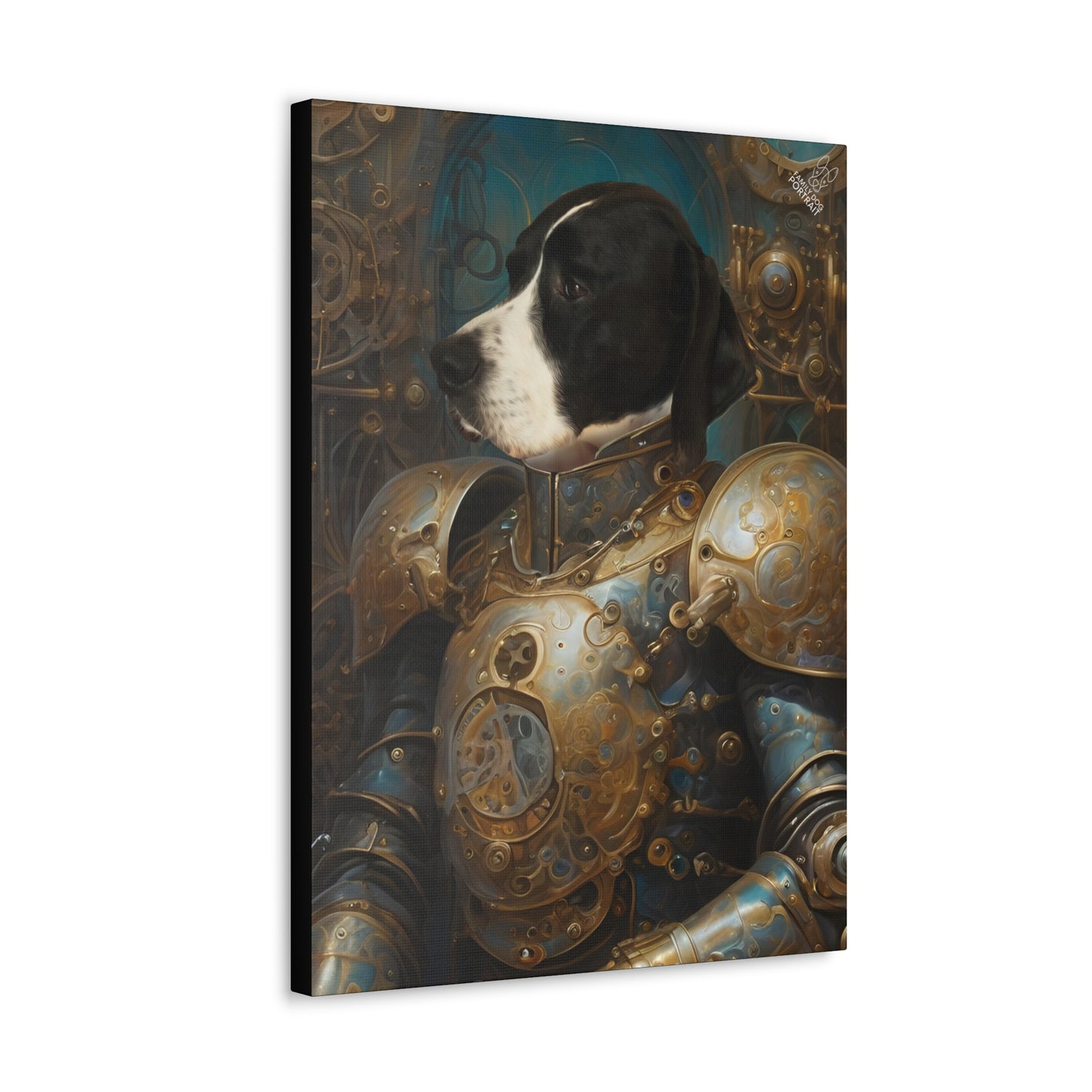 Canvas print of a dog in steampunk armor on a white background