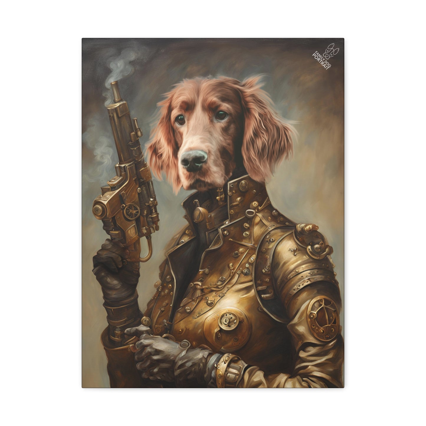 Dog in steampunk attire holding a gun with a dark background
