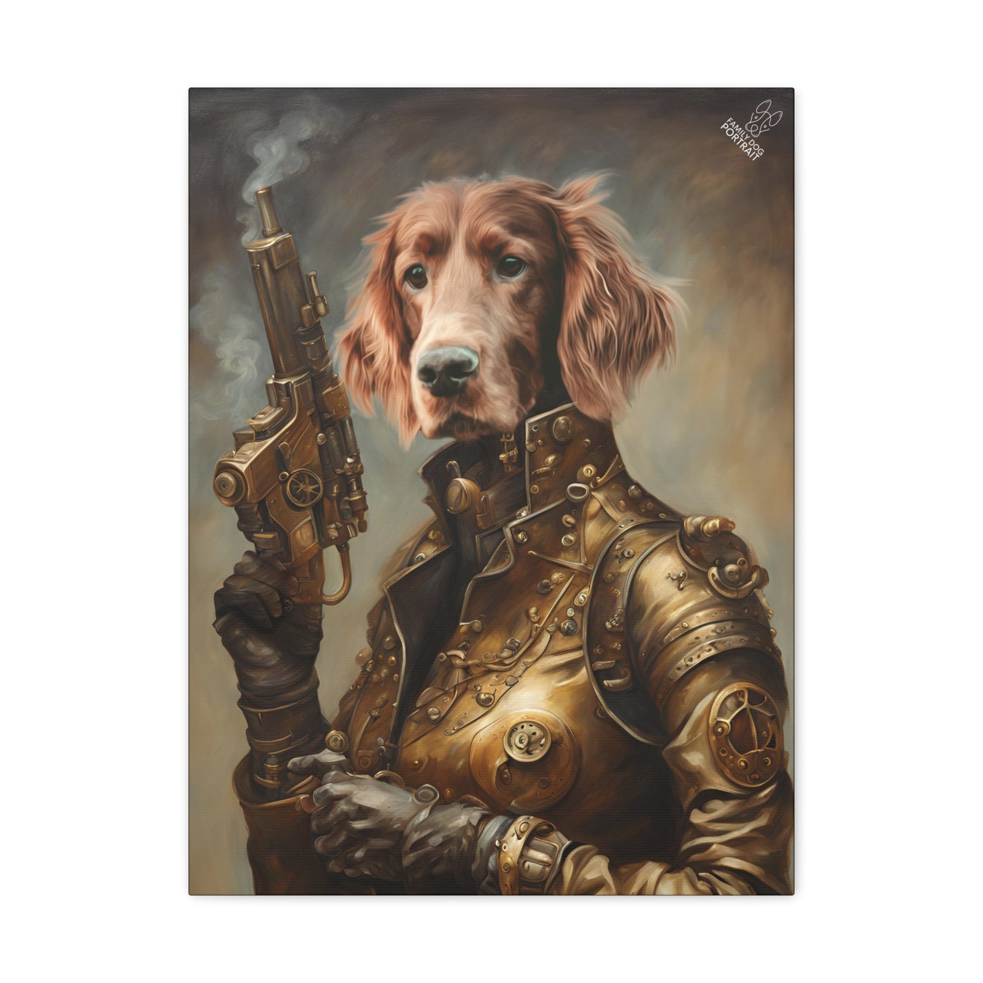 Dog in steampunk attire holding a gun with a dark background