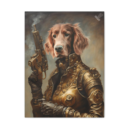 Dog in steampunk attire holding a gun with a dark background