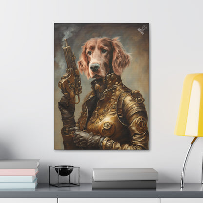 Artistic portrait of a dog in steampunk attire holding a gun, displayed on a wall above a desk.