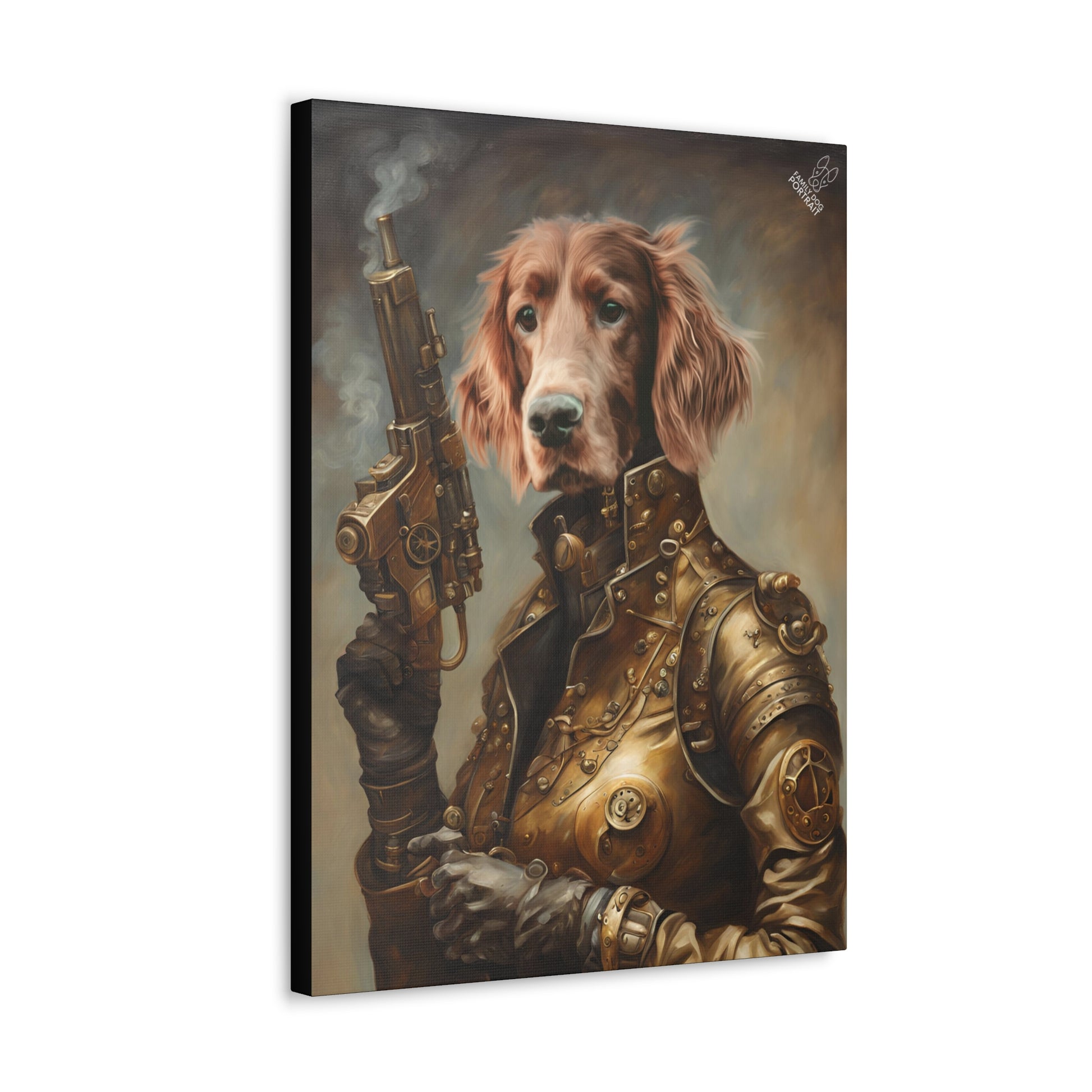 Canvas print of a dog dressed in steampunk attire holding a gun.