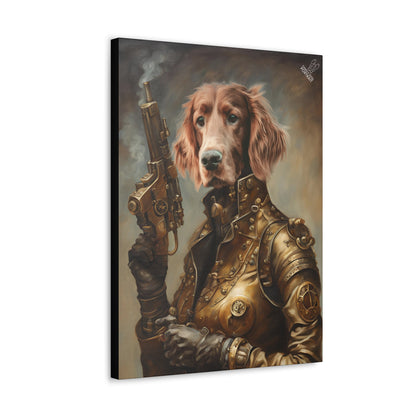 Canvas print of a dog dressed in steampunk attire holding a gun.