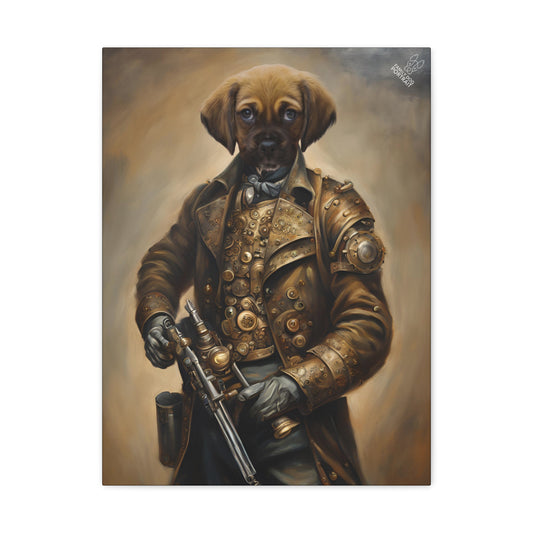 Dog in a steampunk outfit holding a rifle against a brown background