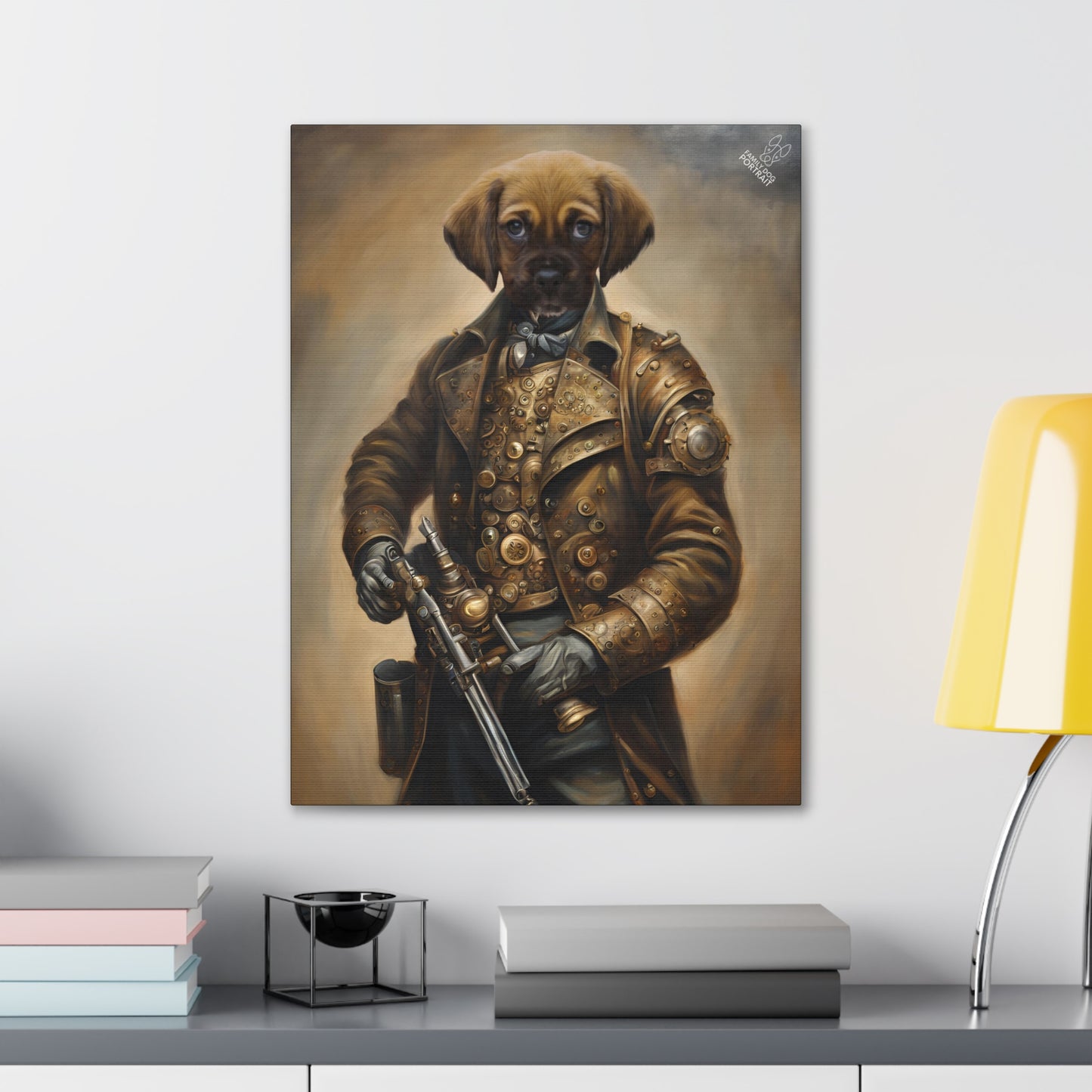 Painting of a dog in a steampunk outfit on a wall above a shelf with books and a lamp.