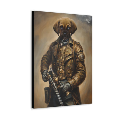 Canvas print of a dog dressed in a steampunk outfit holding a gun on a white background